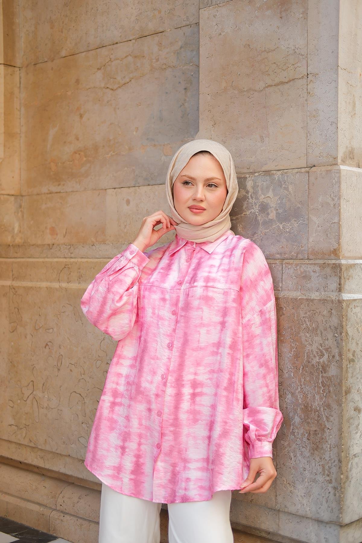 Batik Desen Lilyum Gömlek Pembe