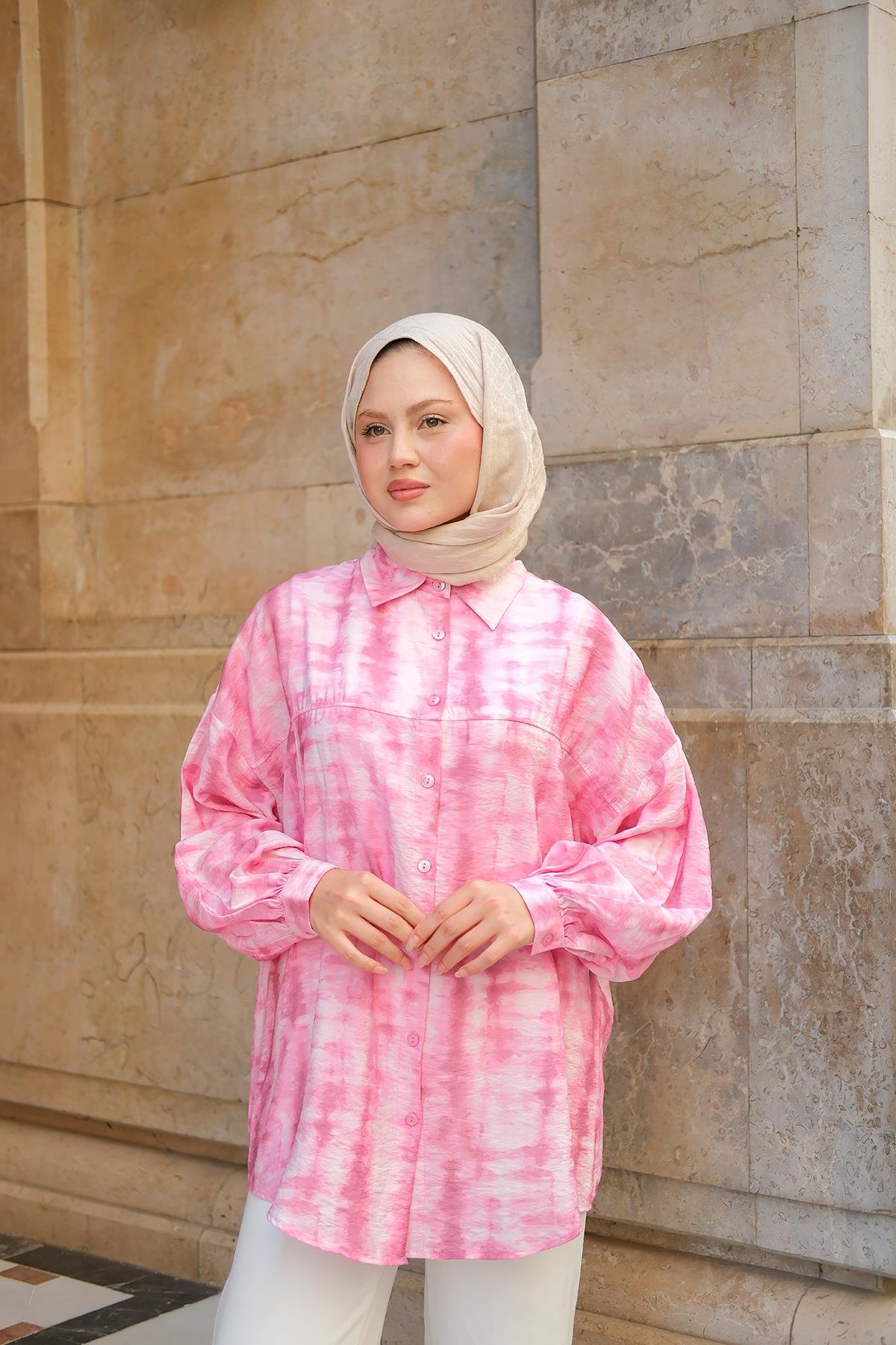 Batik Desen Lilyum Gömlek Pembe