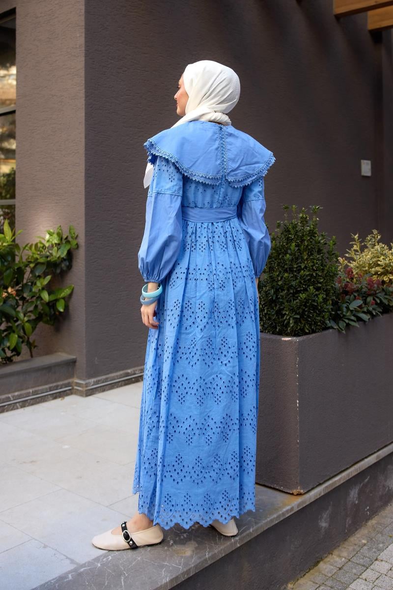 Bebe Yaka Dantel Detay Elbise Mavi