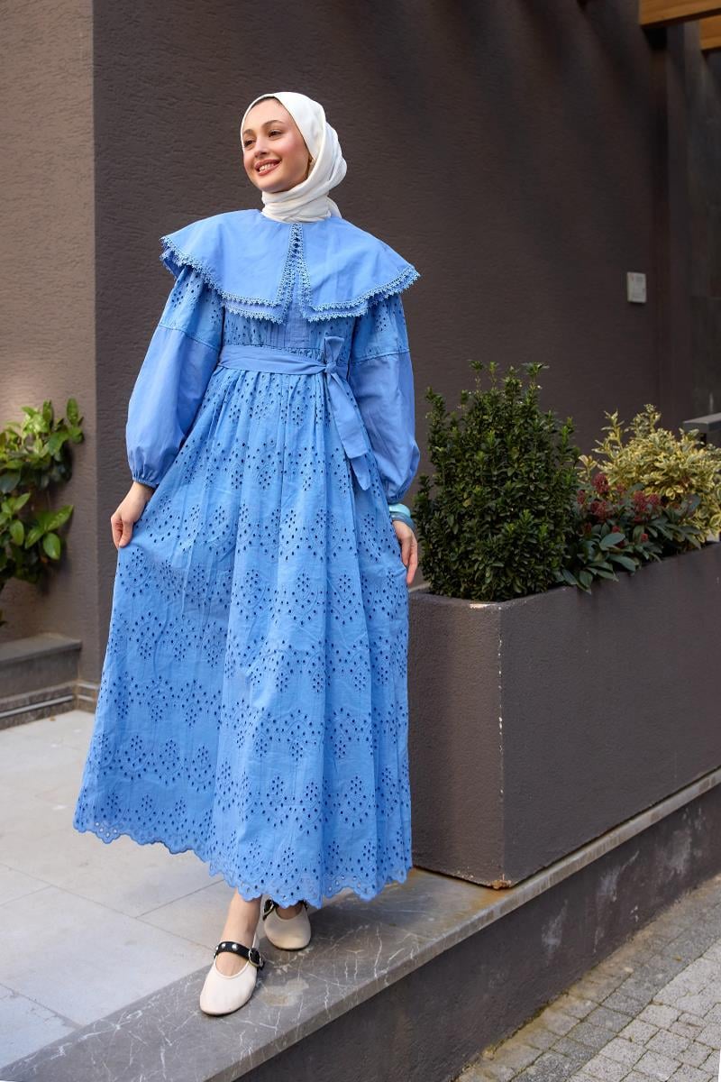Bebe Yaka Dantel Detay Elbise Mavi