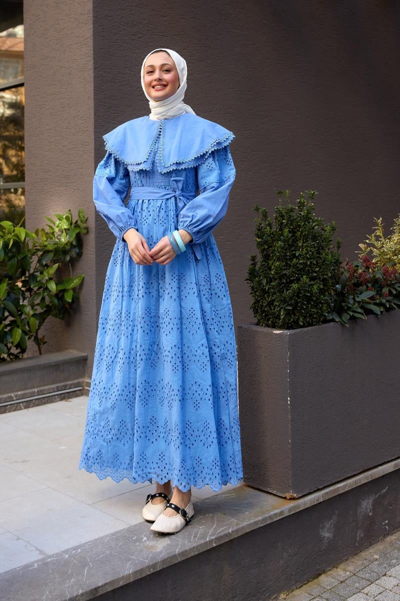 Bebe Yaka Dantel Detay Elbise Mavi