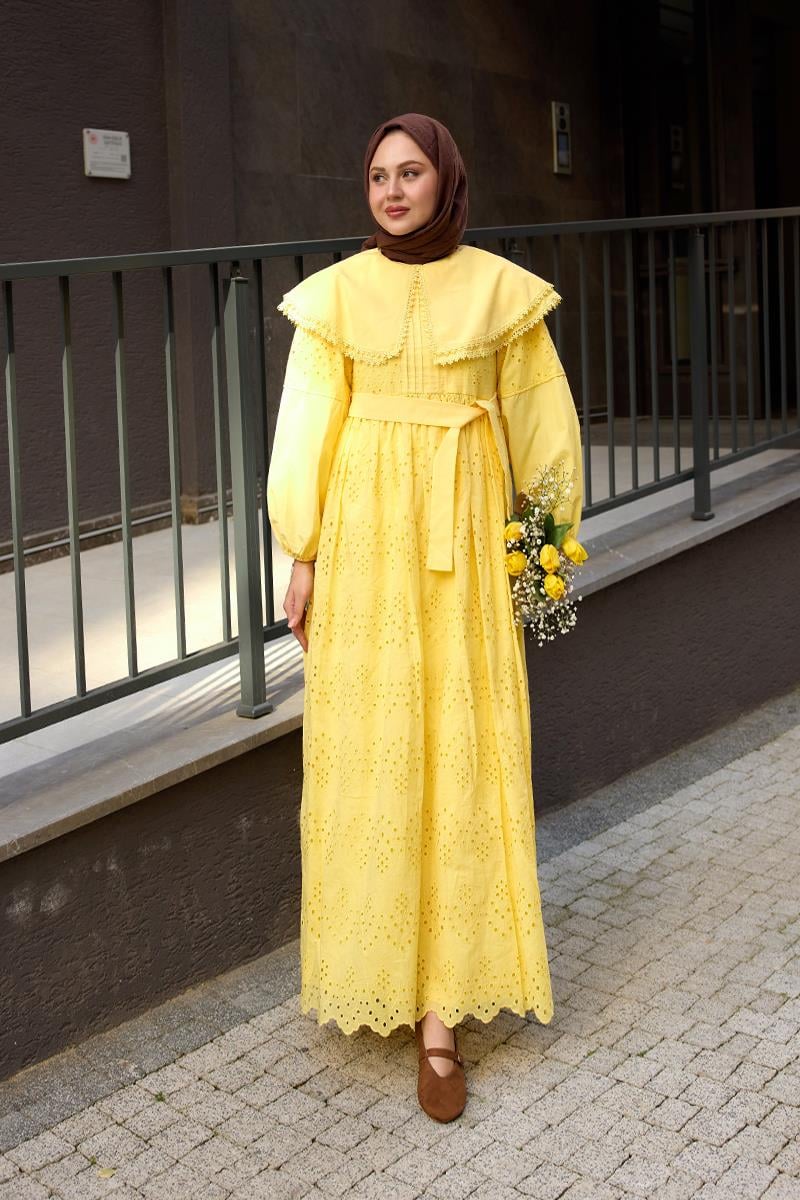 Bebe Yaka Dantel Detay Elbise Sarı