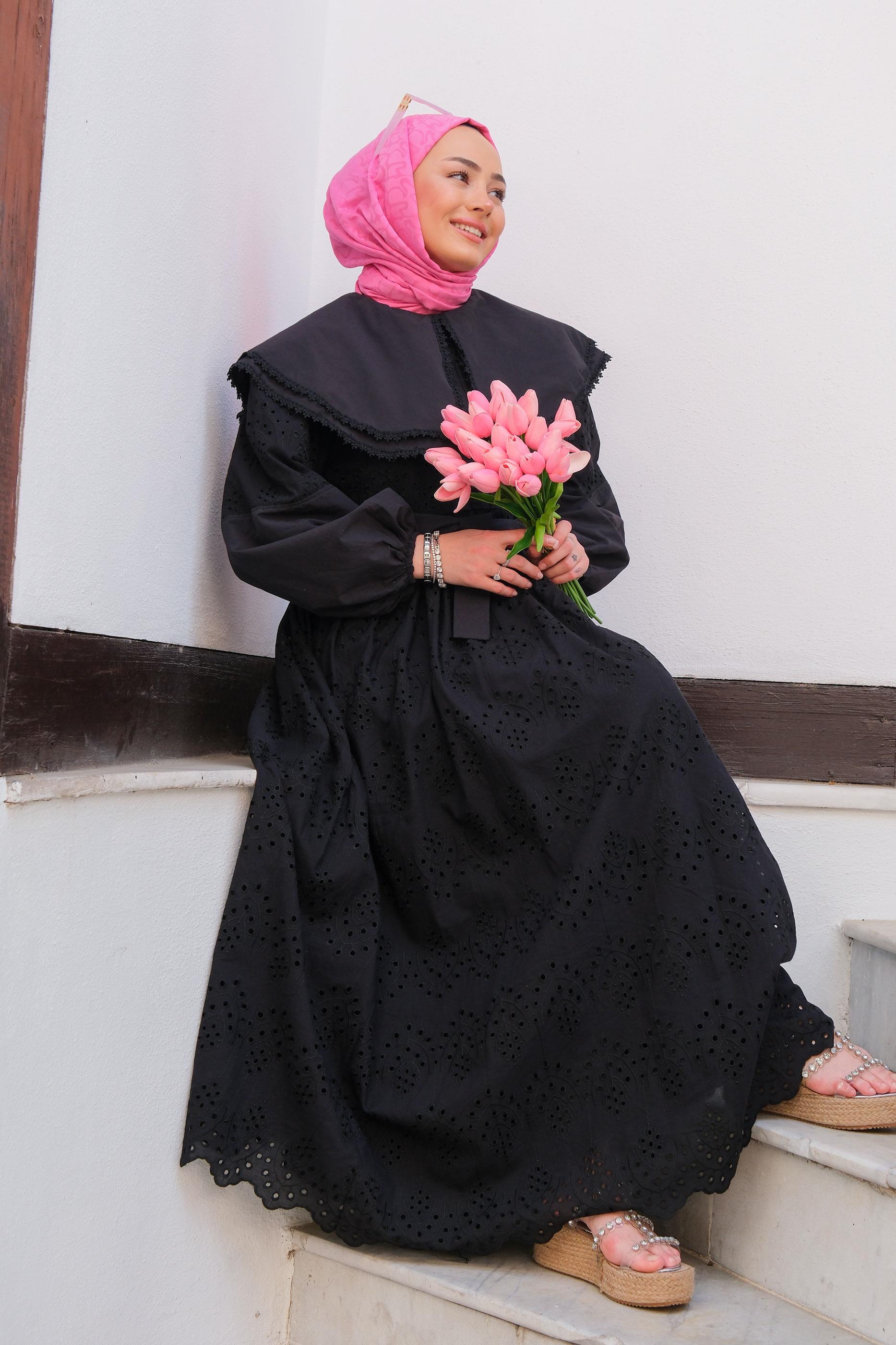 Bebe Yaka Dantel Detay Elbise  Siyah