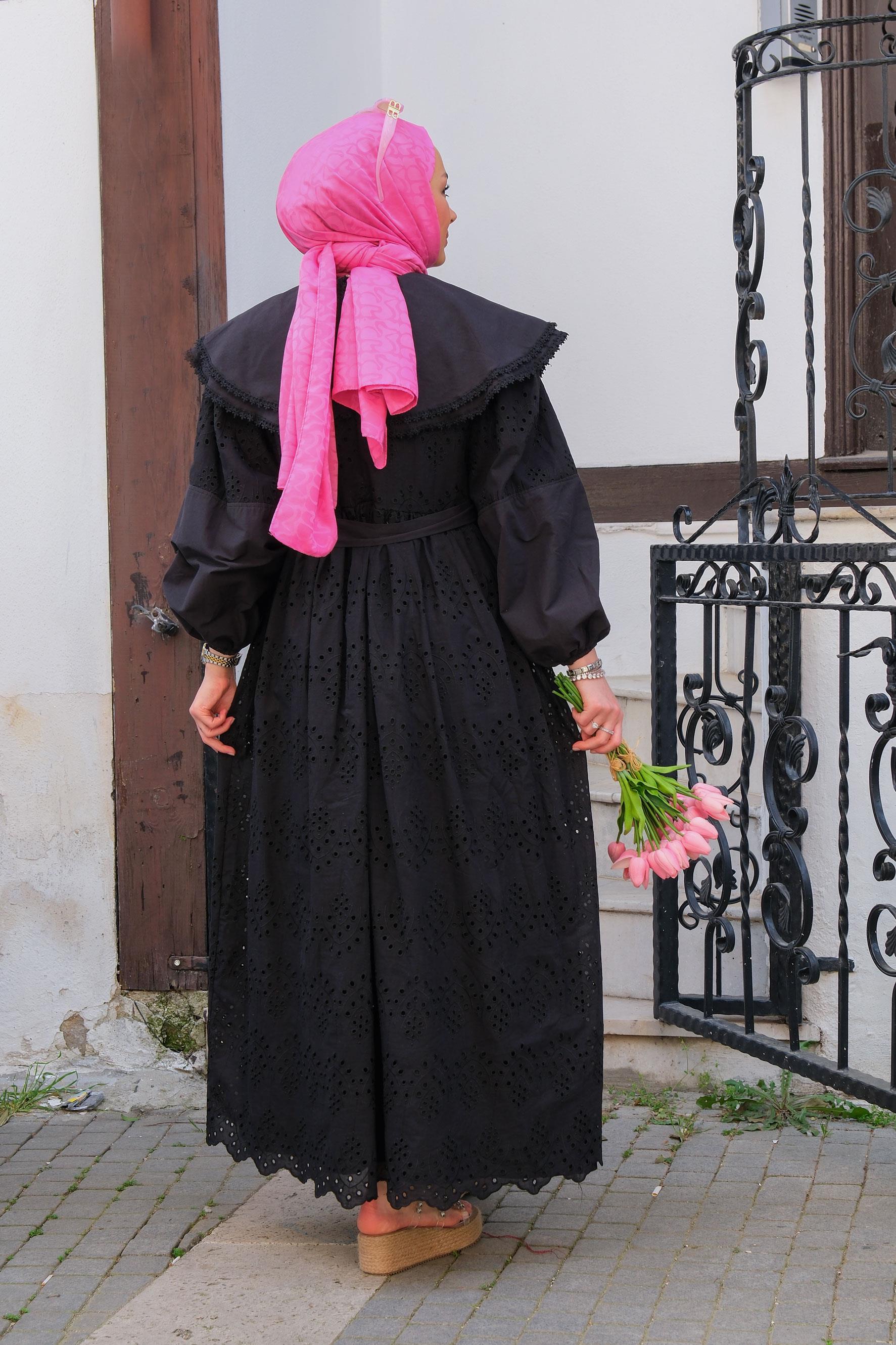 Bebe Yaka Dantel Detay Elbise  Siyah