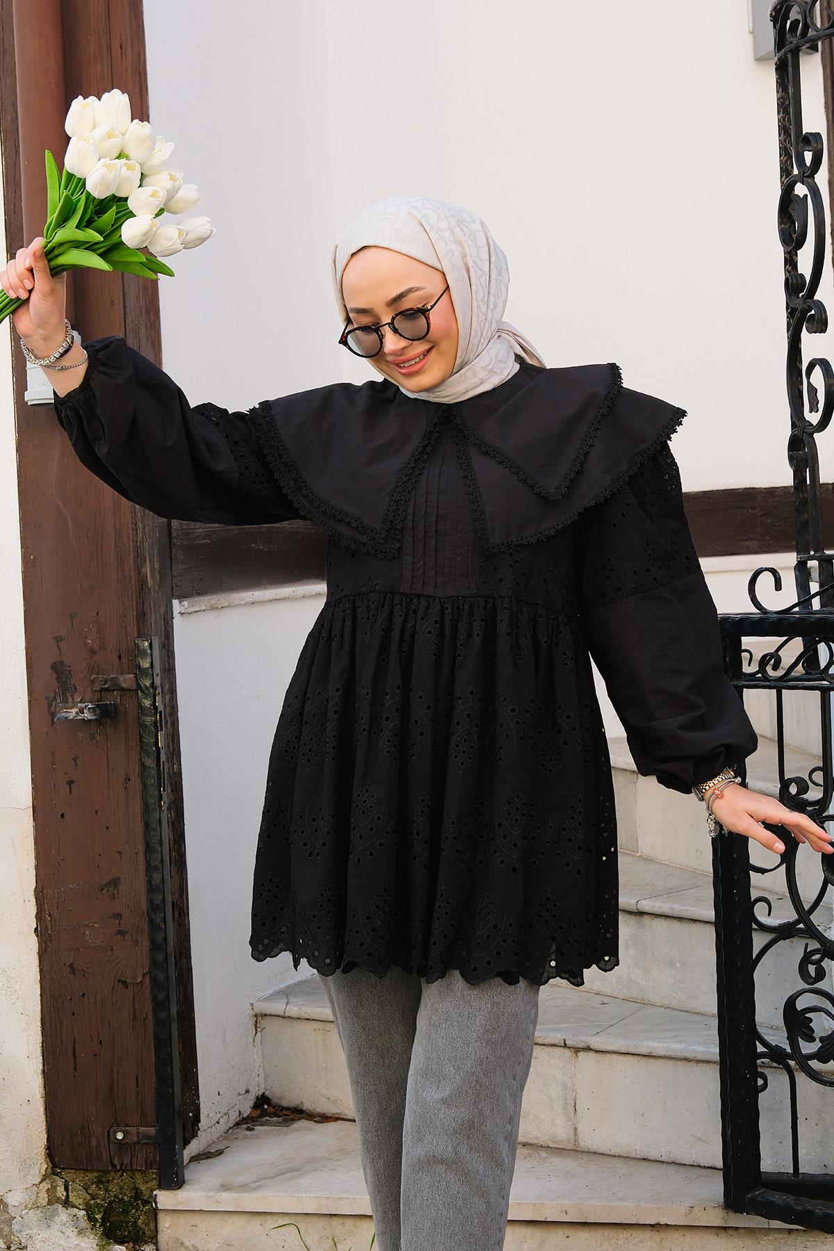 Bebe Yaka Dantel Detay Gömlek Siyah