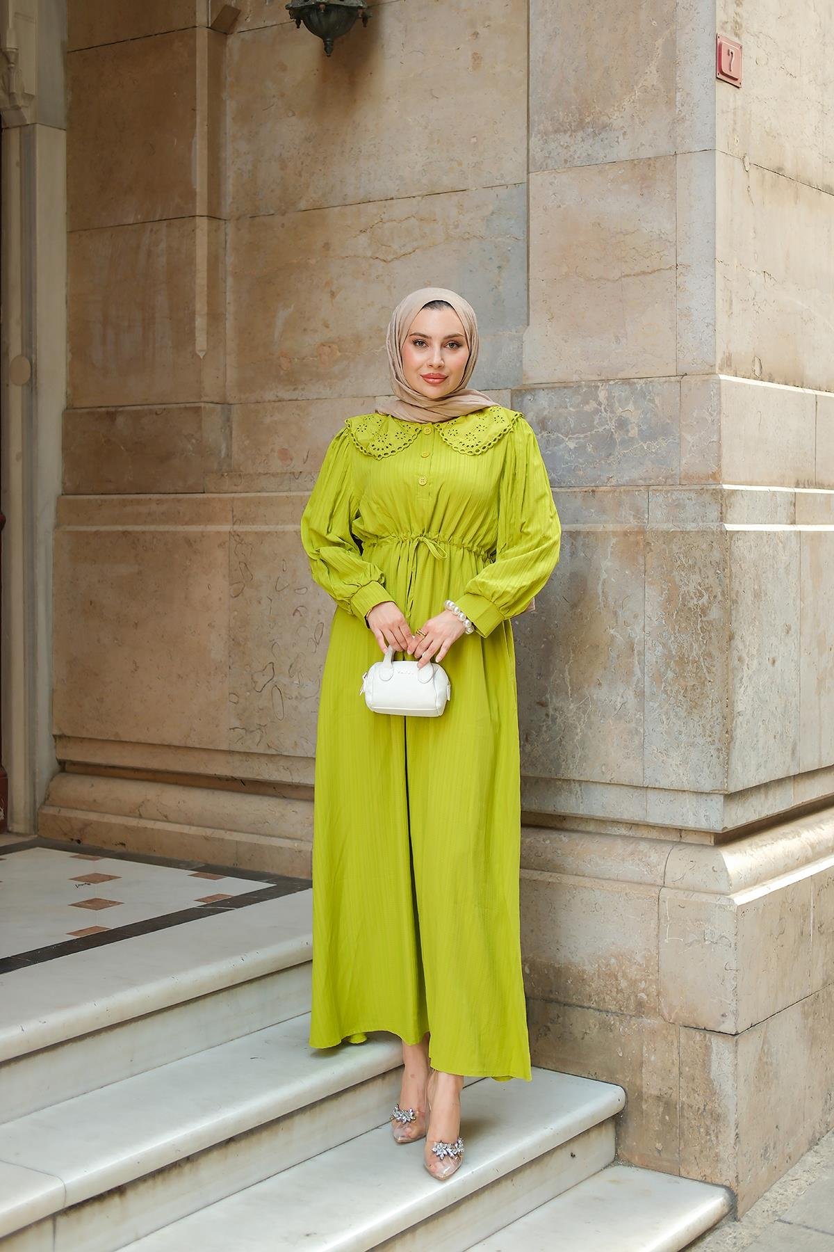 BEBE YAKA DANTEL DETAYLI ELBISE  Yeşil