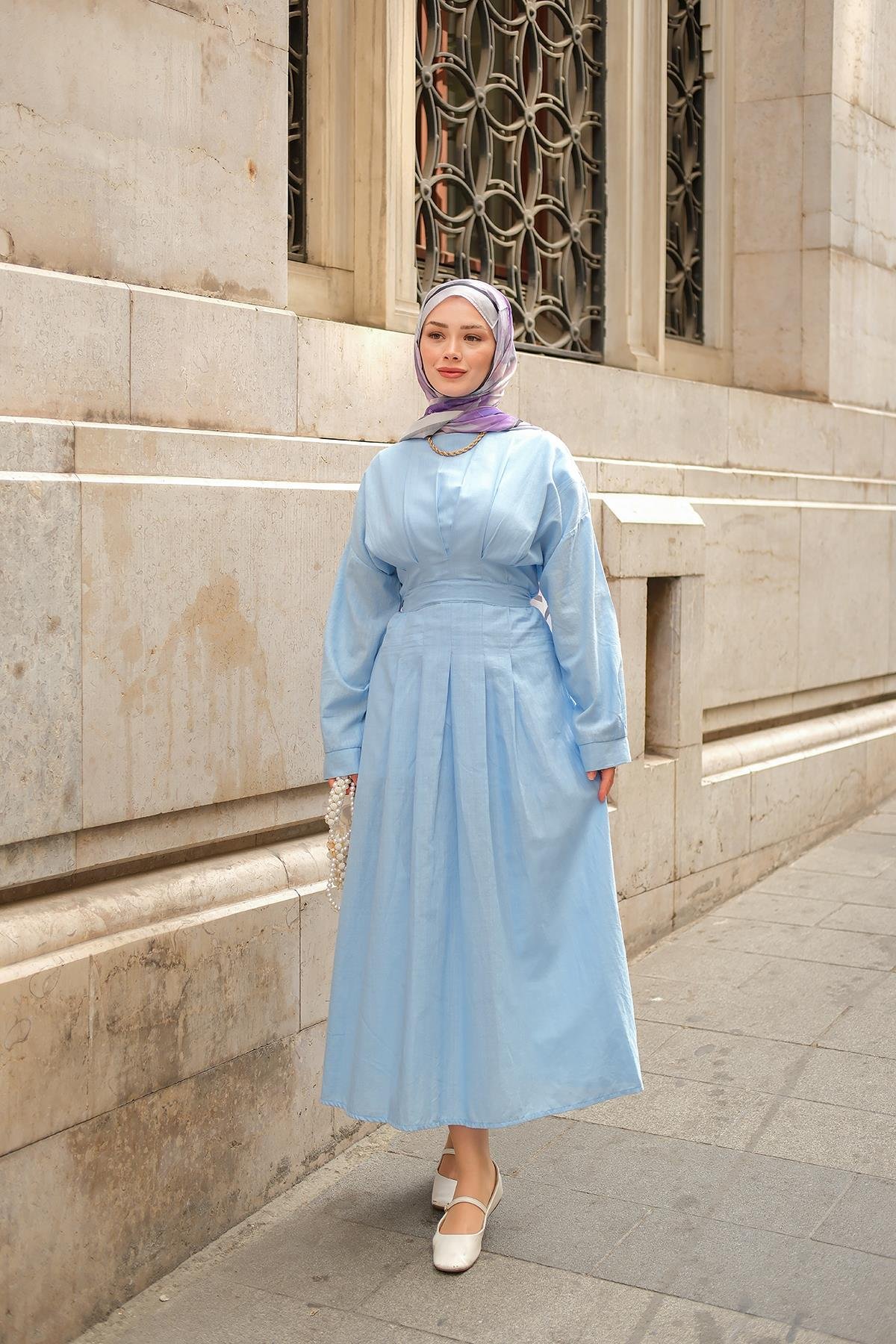 Bel Bağlama Detay Elbise Açık Mavi