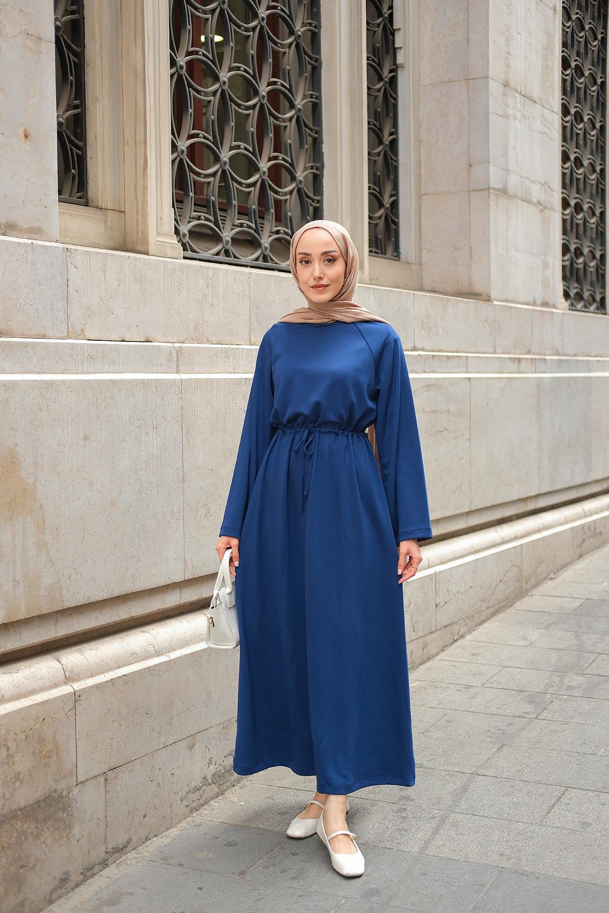 Bel Bağlama Detay Elbise Lacivert