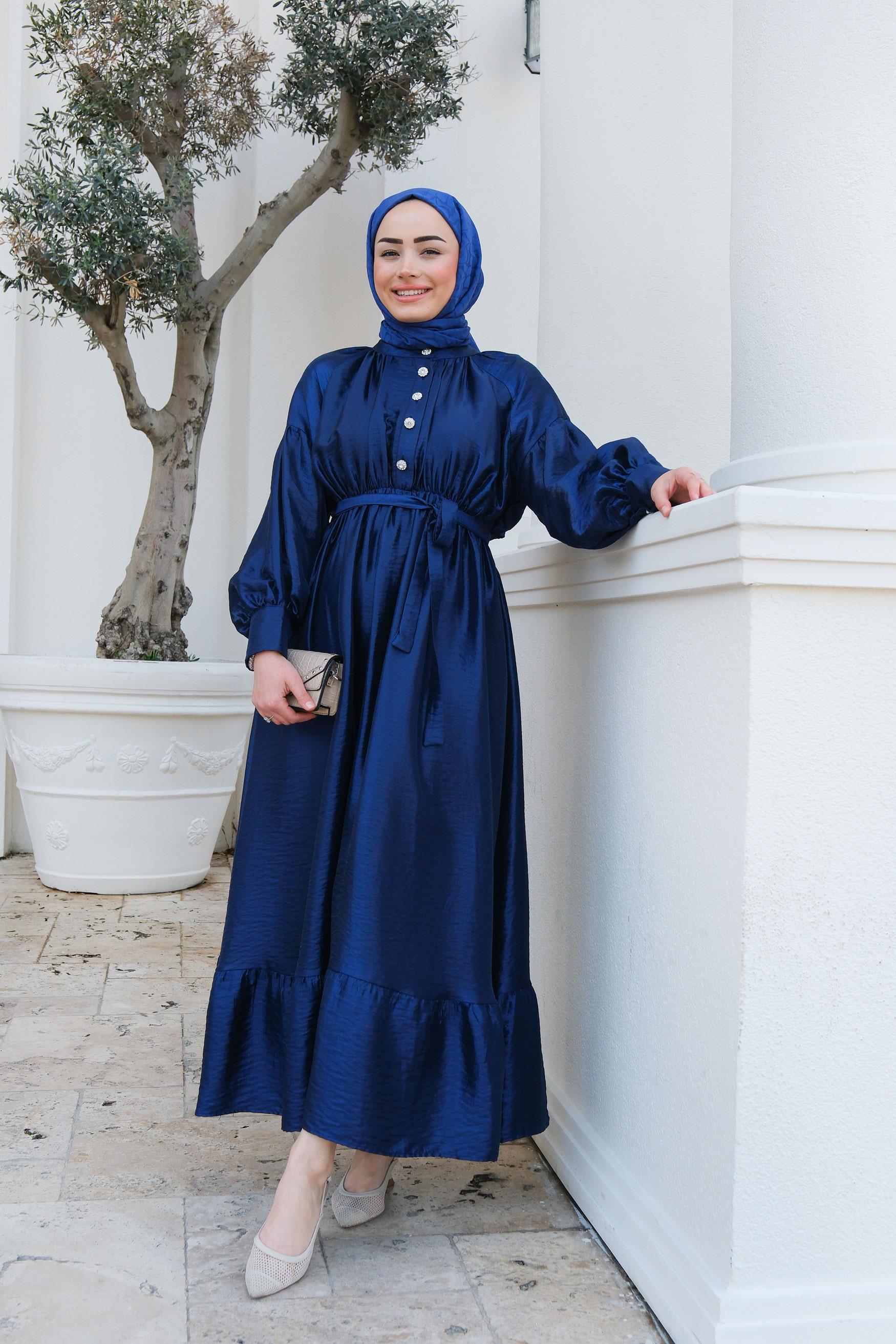 Bel Bağlamalı Balon Kol Elbise Lacivert