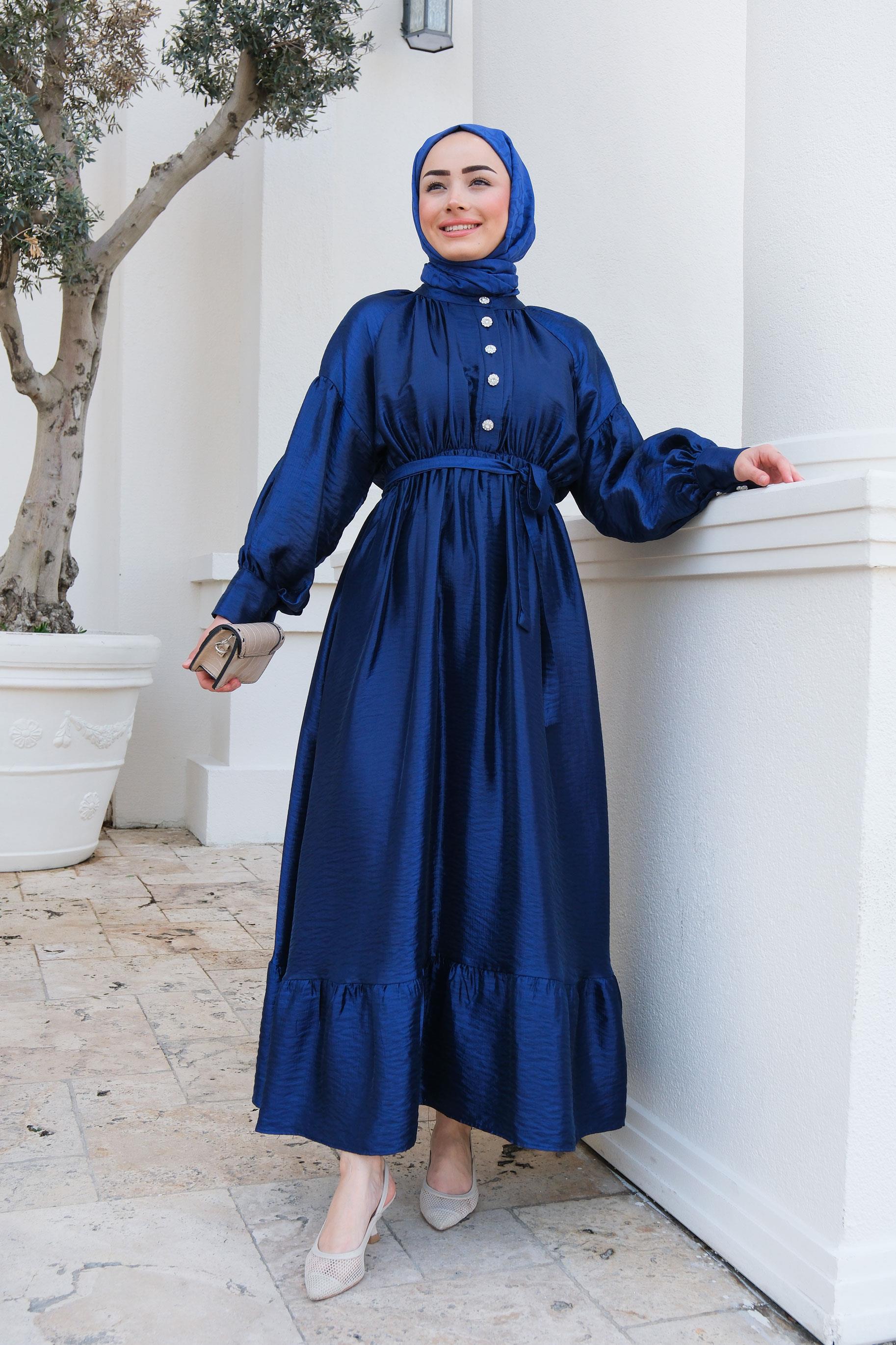Bel Bağlamalı Balon Kol Elbise Lacivert