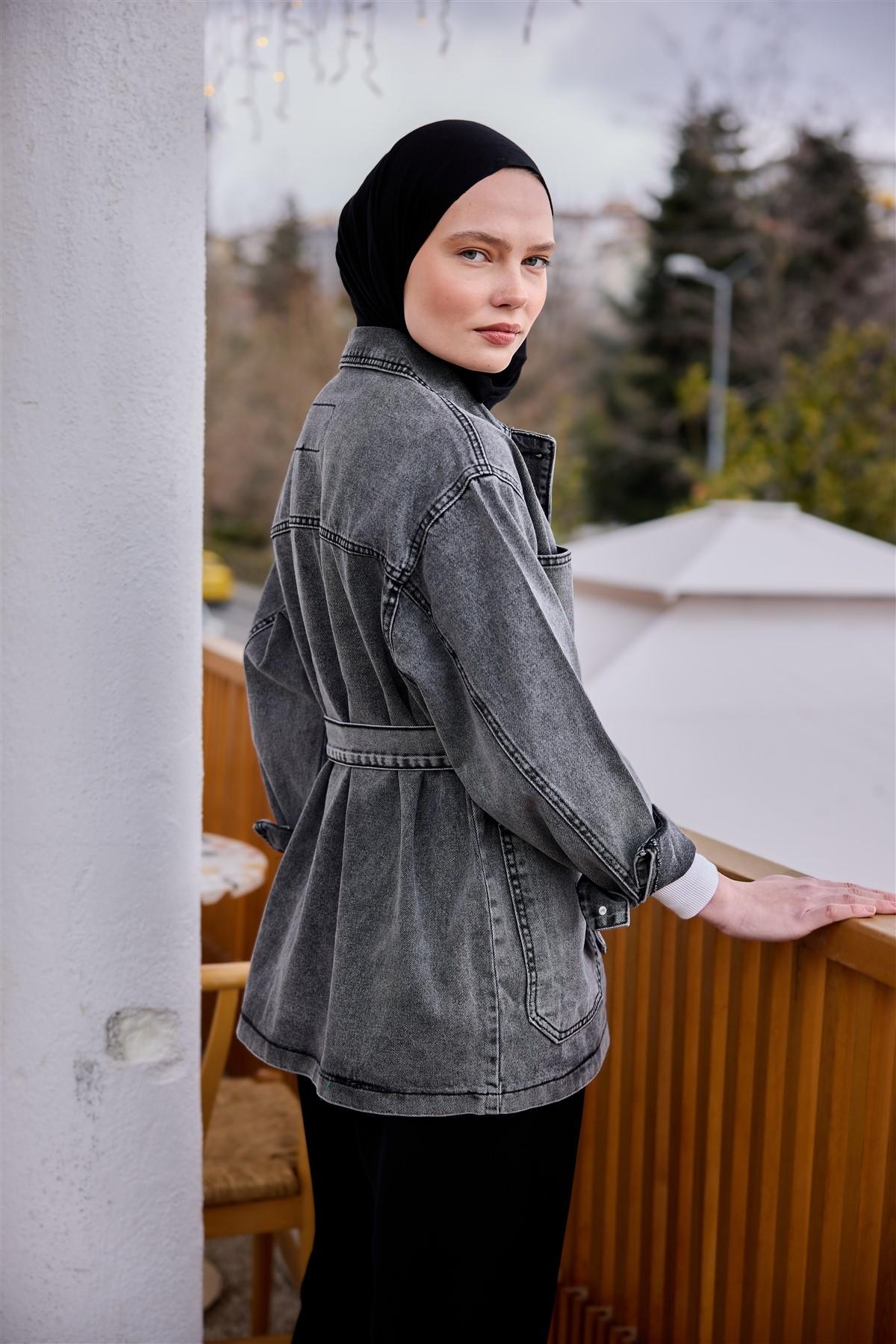 Bel Bağlamalı Denim Kot Ceket Antrasit