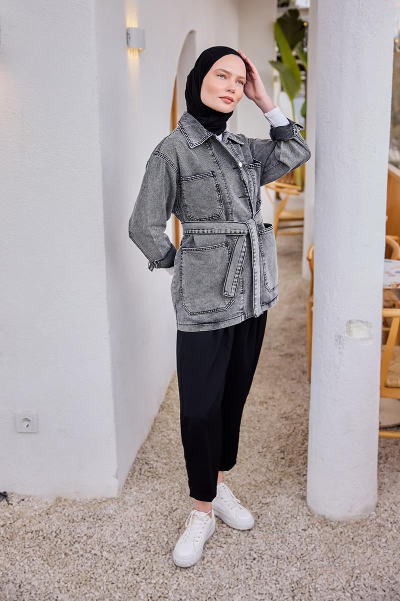 Bel Bağlamalı Denim Kot Ceket Antrasit