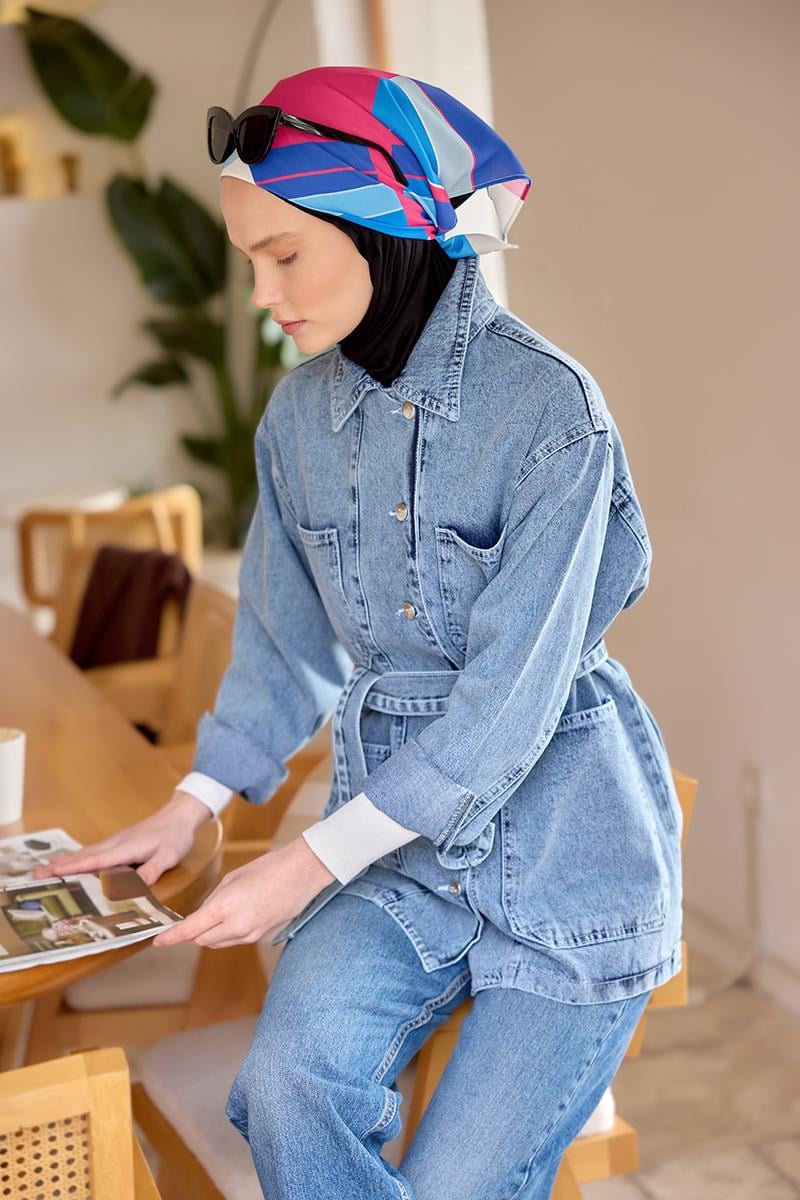 Bel Bağlamalı Denim Kot Ceket Buz Mavi