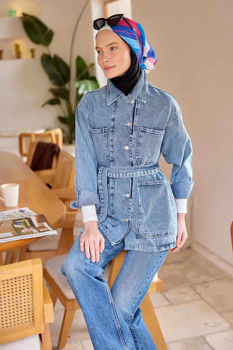 Bel Bağlamalı Denim Kot Ceket Buz Mavi