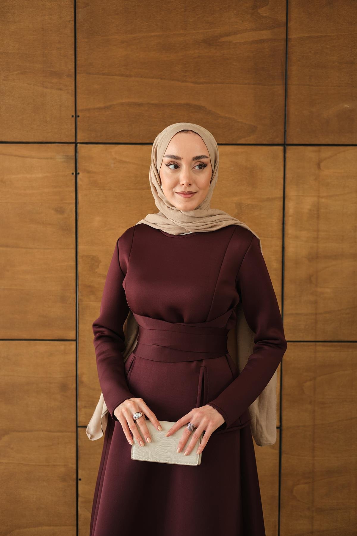 Bel Bağlamalı Etekli Takım Bordo