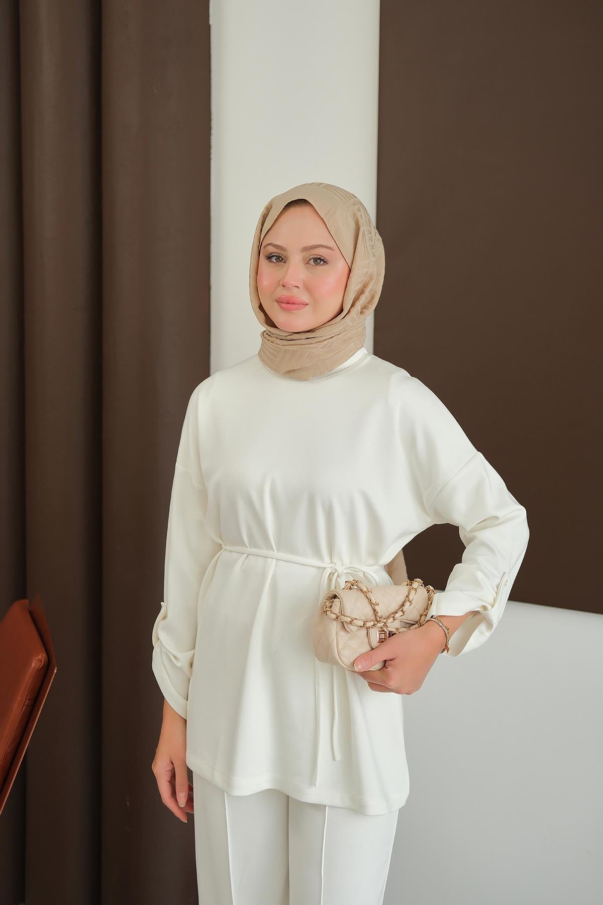 Bel Bağlamalı İkili Takım Ekru