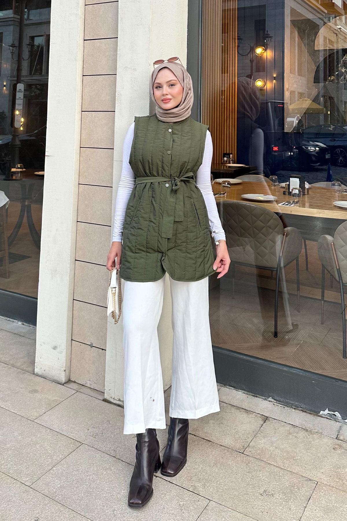 Bel Bağlamalı İnce Yelek  Haki Yeşil