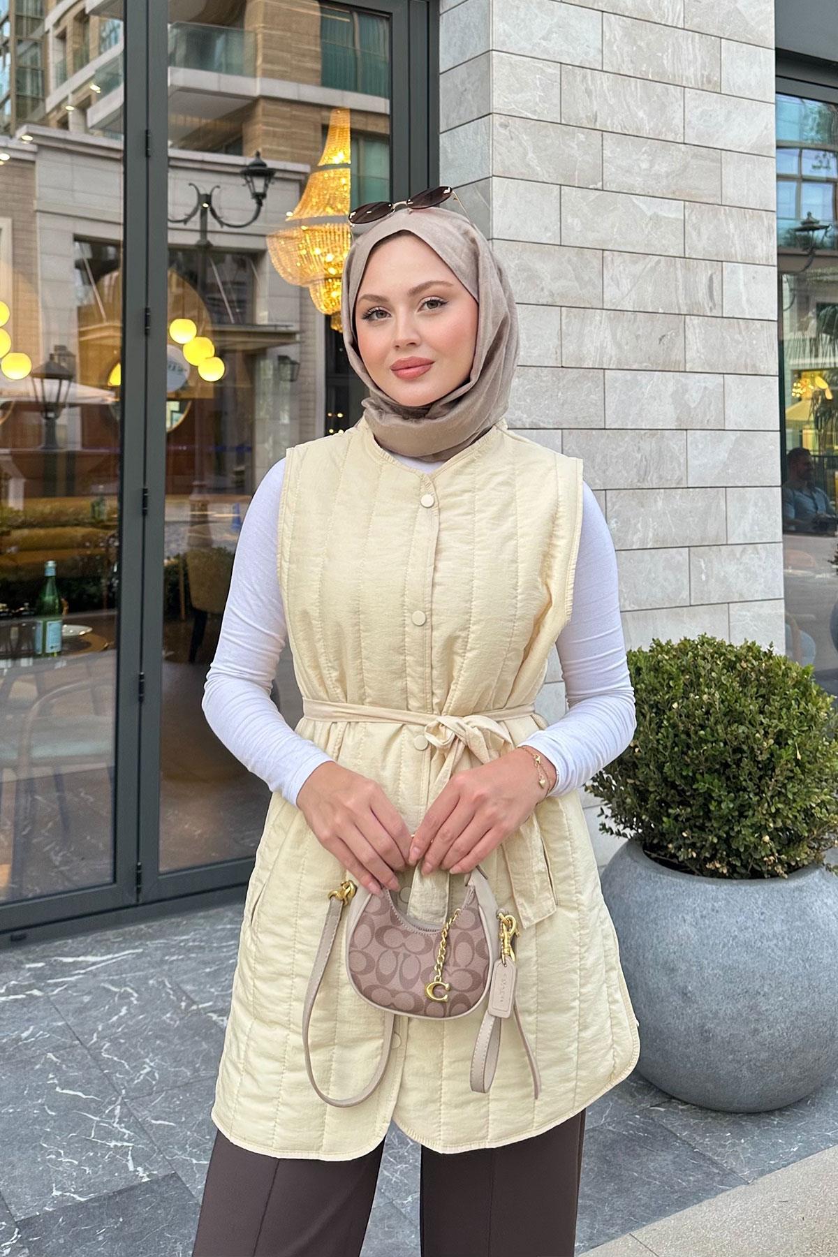 Bel Bağlamalı İnce Yelek Krem