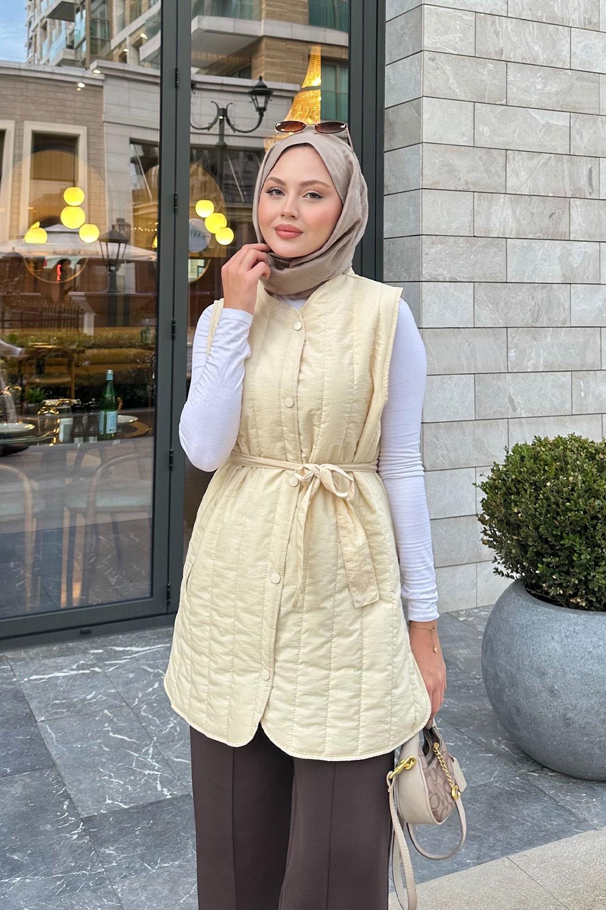 Bel Bağlamalı İnce Yelek Krem