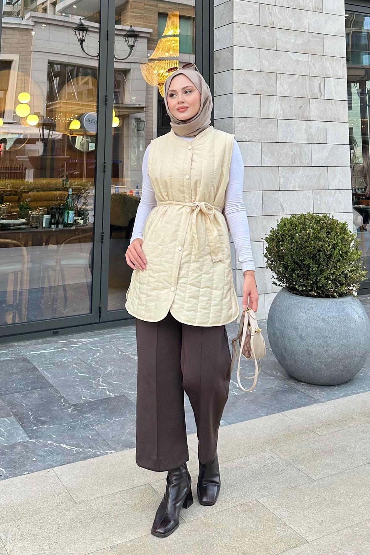 Bel Bağlamalı İnce Yelek Krem