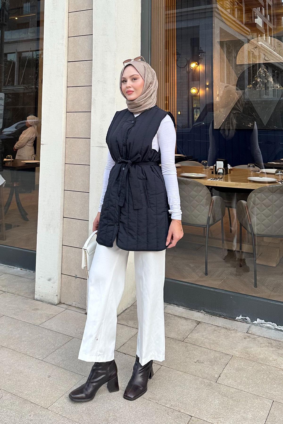 Bel Bağlamalı İnce Yelek Siyah