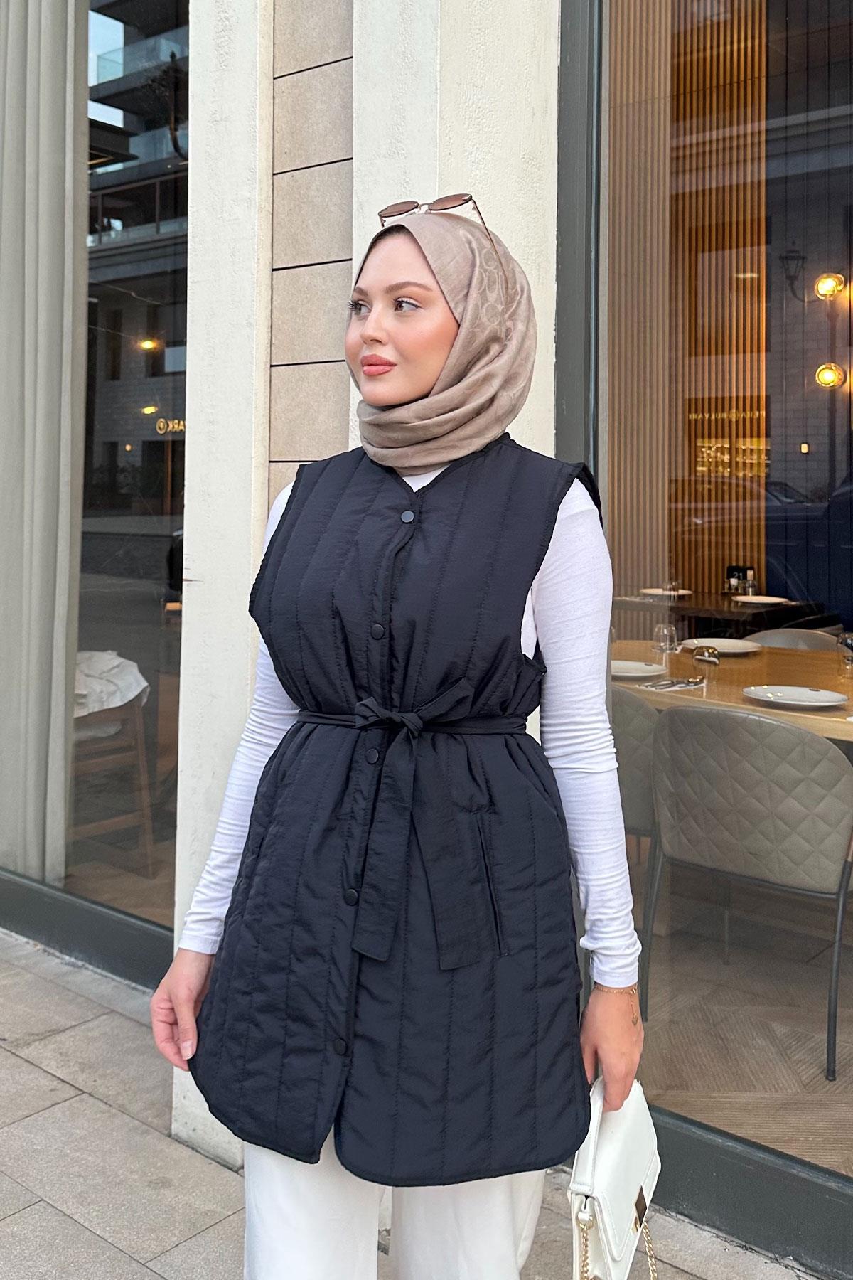 Bel Bağlamalı İnce Yelek Siyah