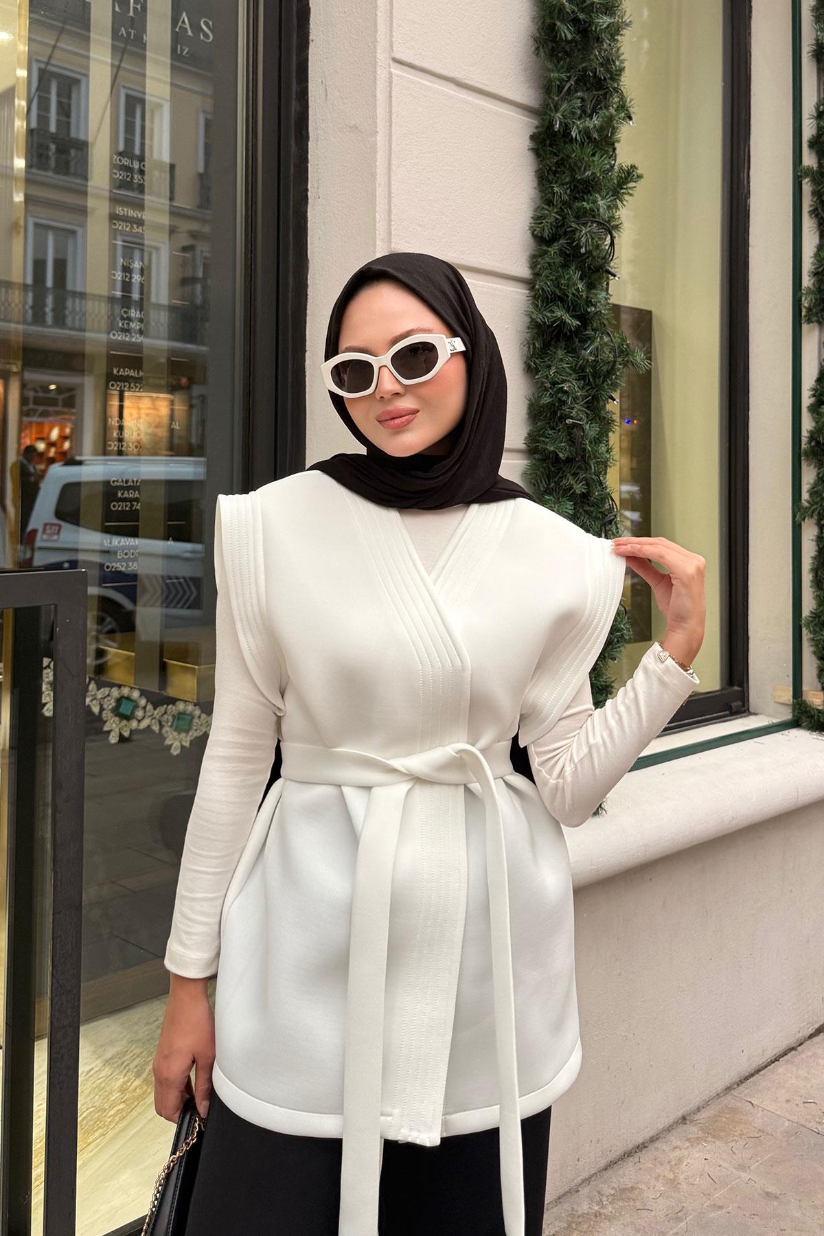 Bel Bağlamalı Kimono Beyaz