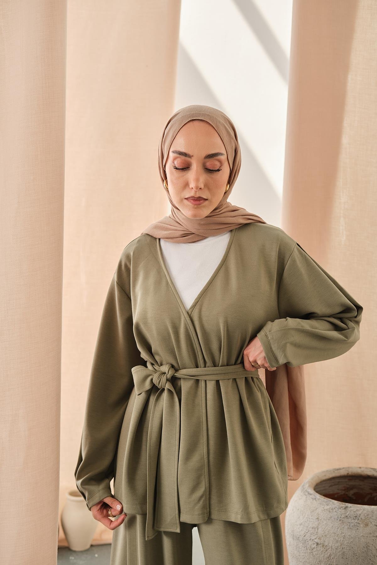 Bel Bağlamalı Kimono Takım Açık Yeşil