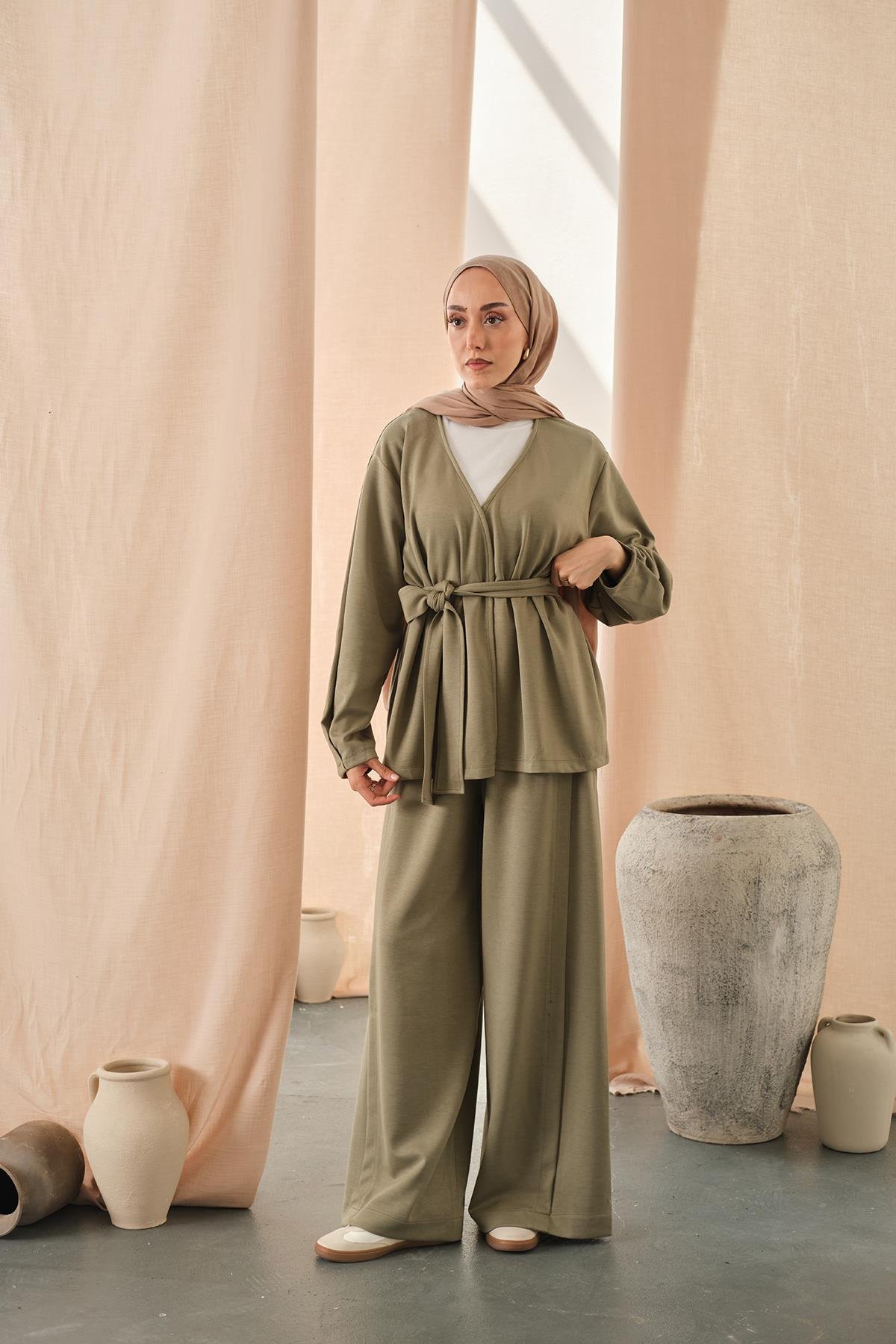 Bel Bağlamalı Kimono Takım Açık Yeşil