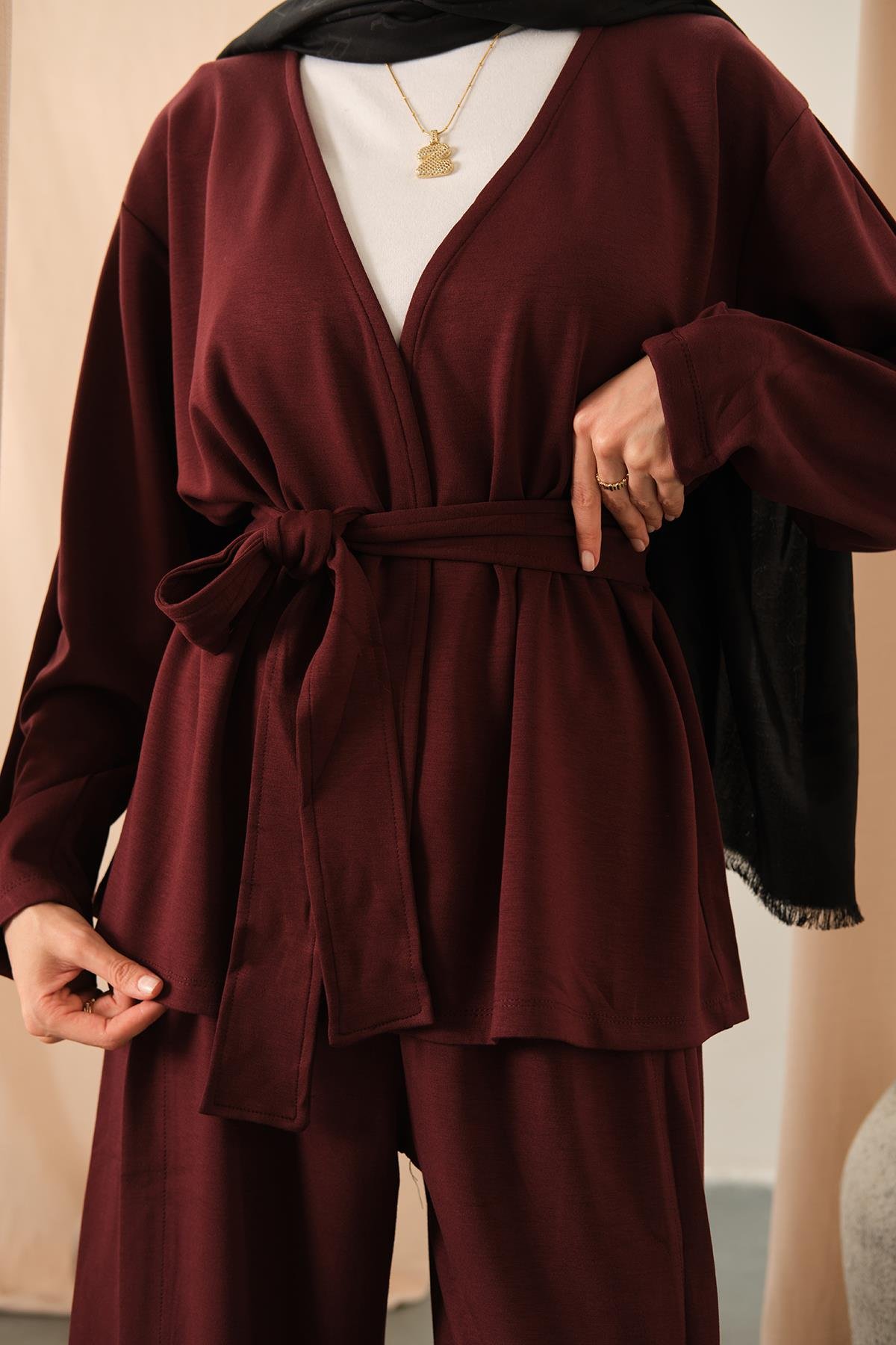 Bel Bağlamalı Kimono Takım Bordo