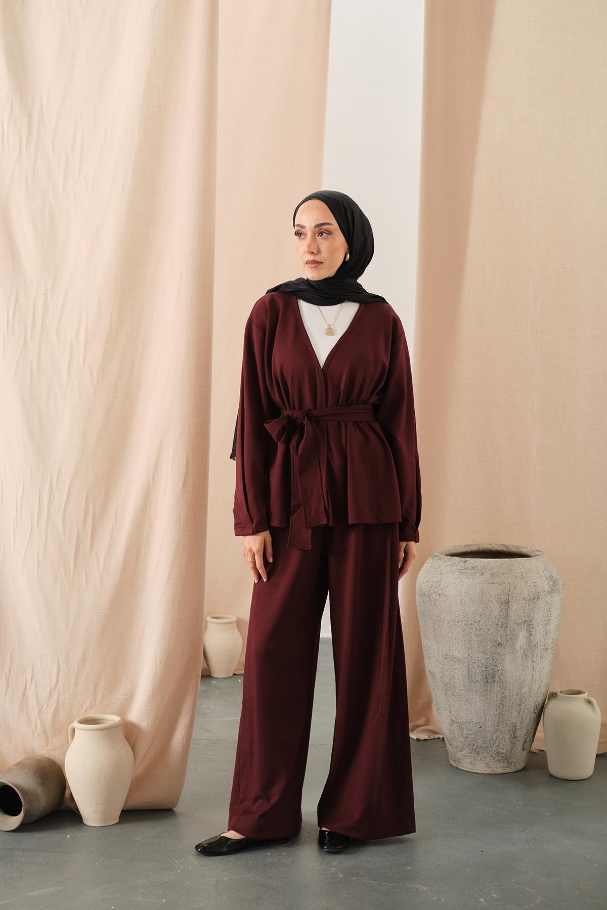 Bel Bağlamalı Kimono Takım Bordo