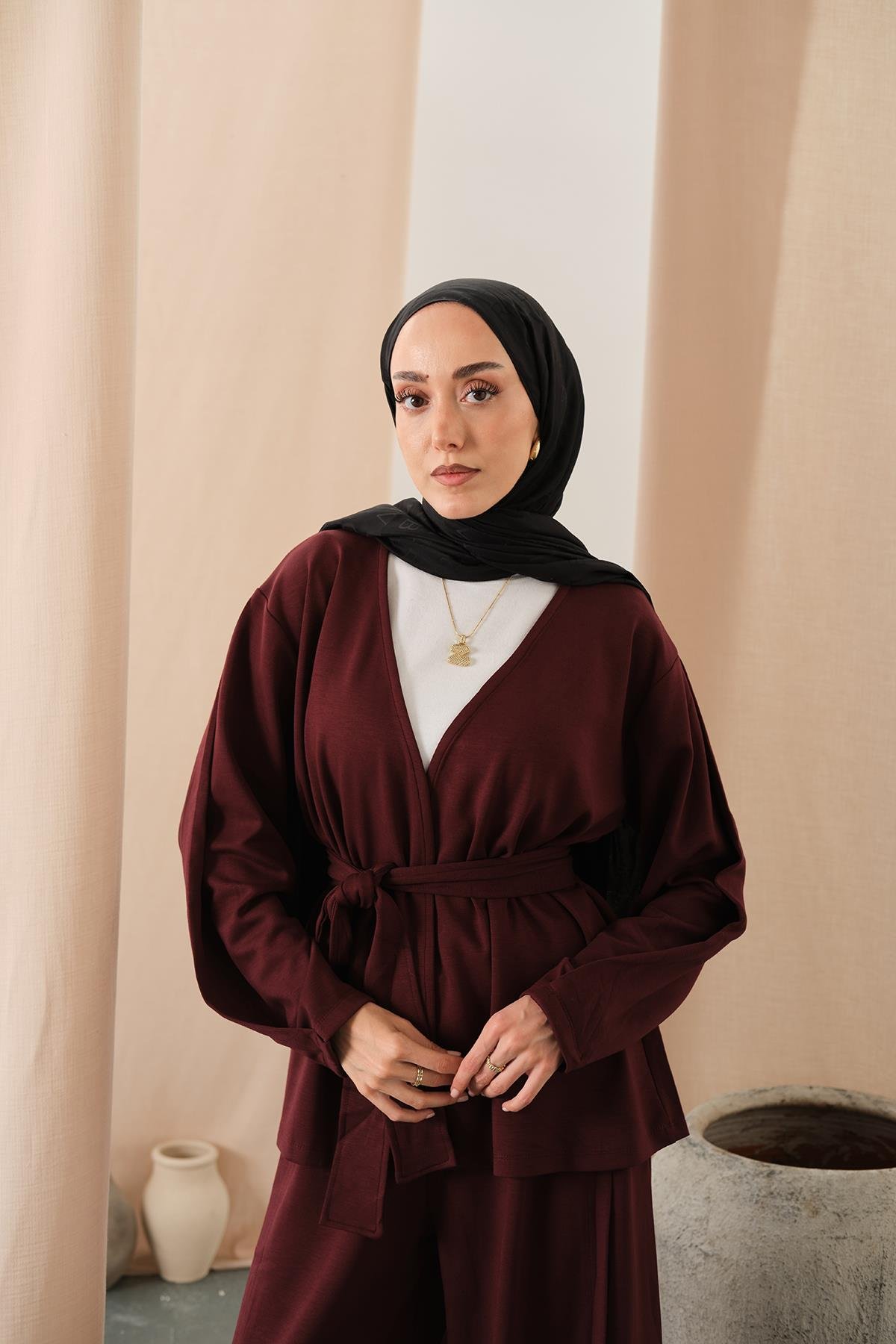 Bel Bağlamalı Kimono Takım Bordo