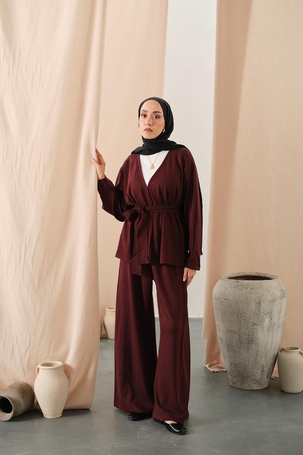 Bel Bağlamalı Kimono Takım Bordo