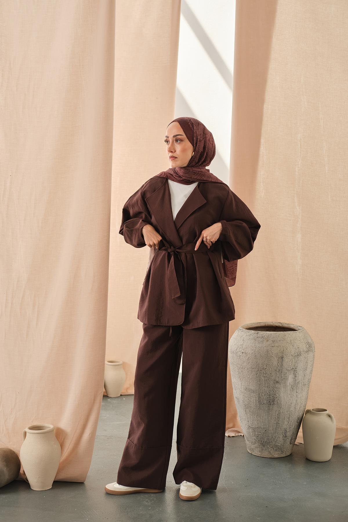 Bel Bağlamalı Kimono Takım Kahverengi