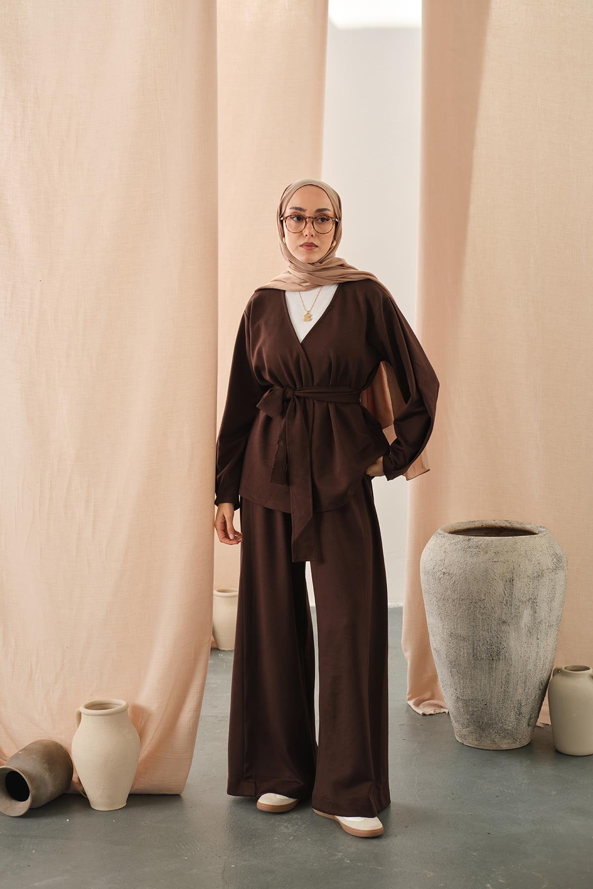 Bel Bağlamalı Kimono Takım Kahverengi