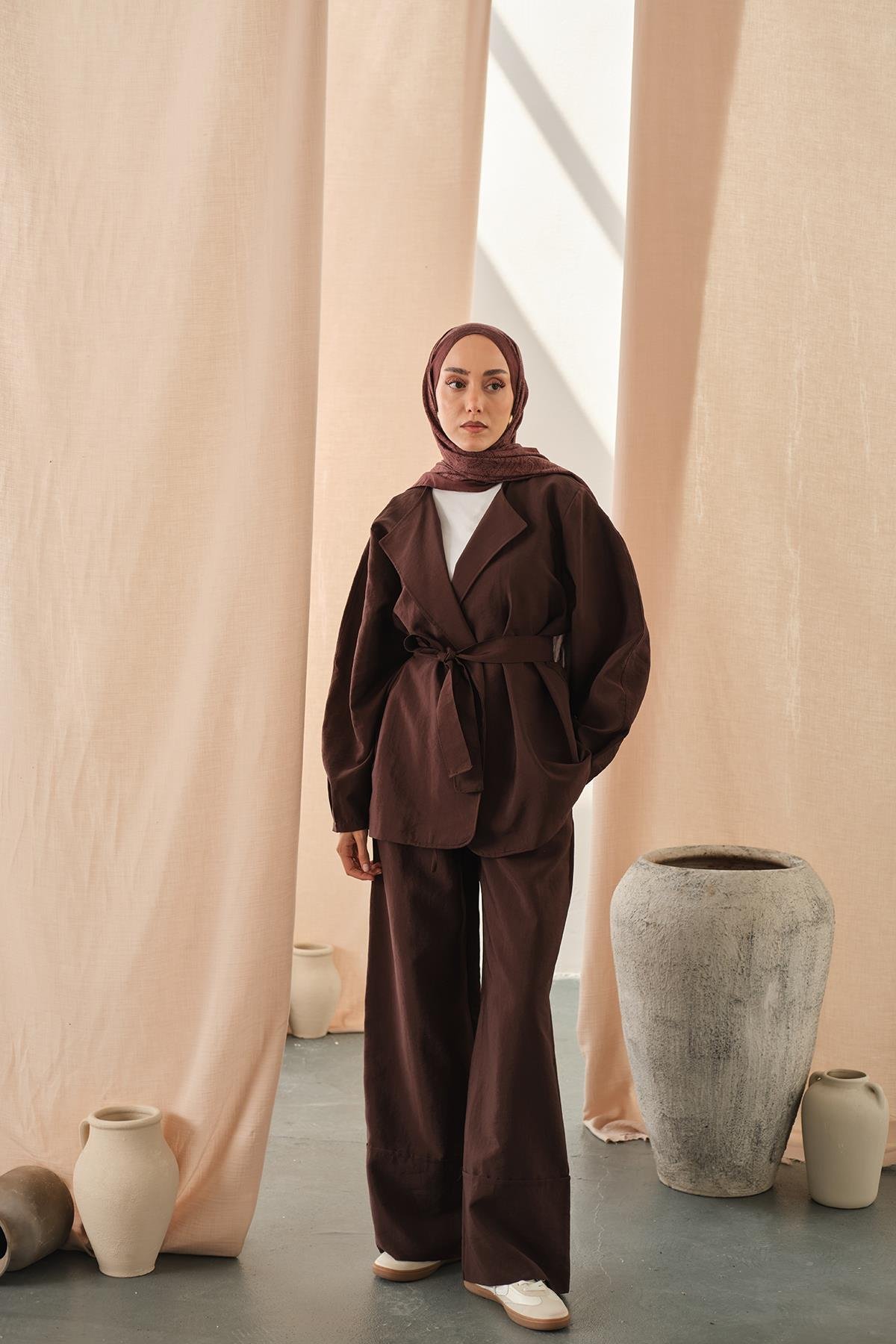 Bel Bağlamalı Kimono Takım Kahverengi
