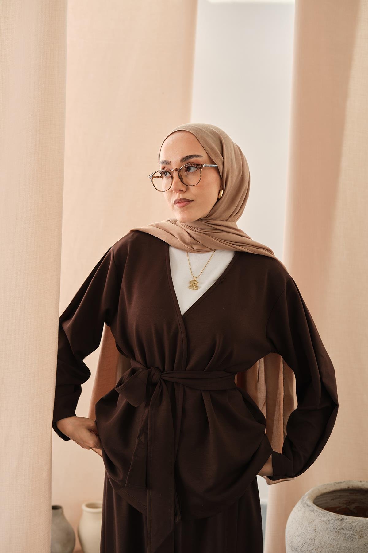 Bel Bağlamalı Kimono Takım Kahverengi