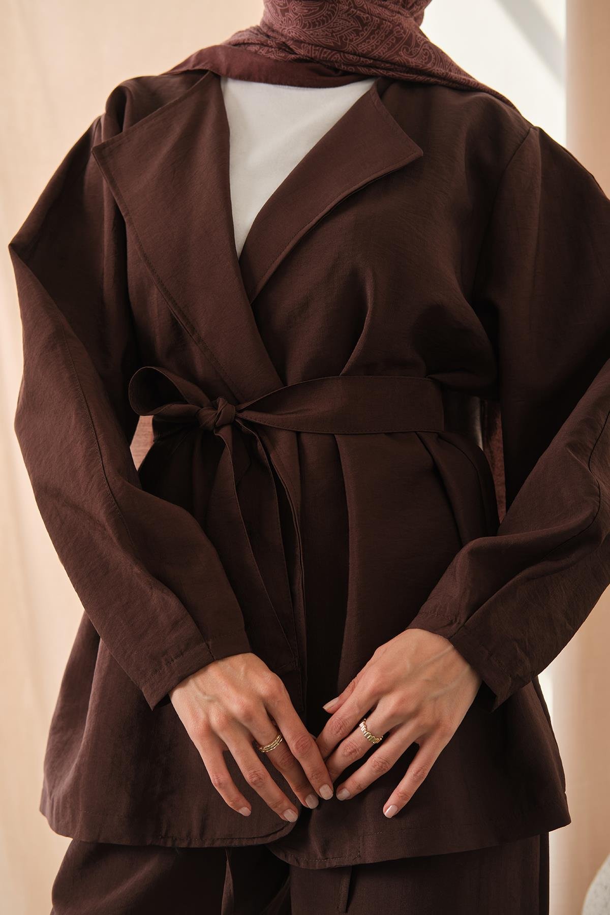 Bel Bağlamalı Kimono Takım Kahverengi