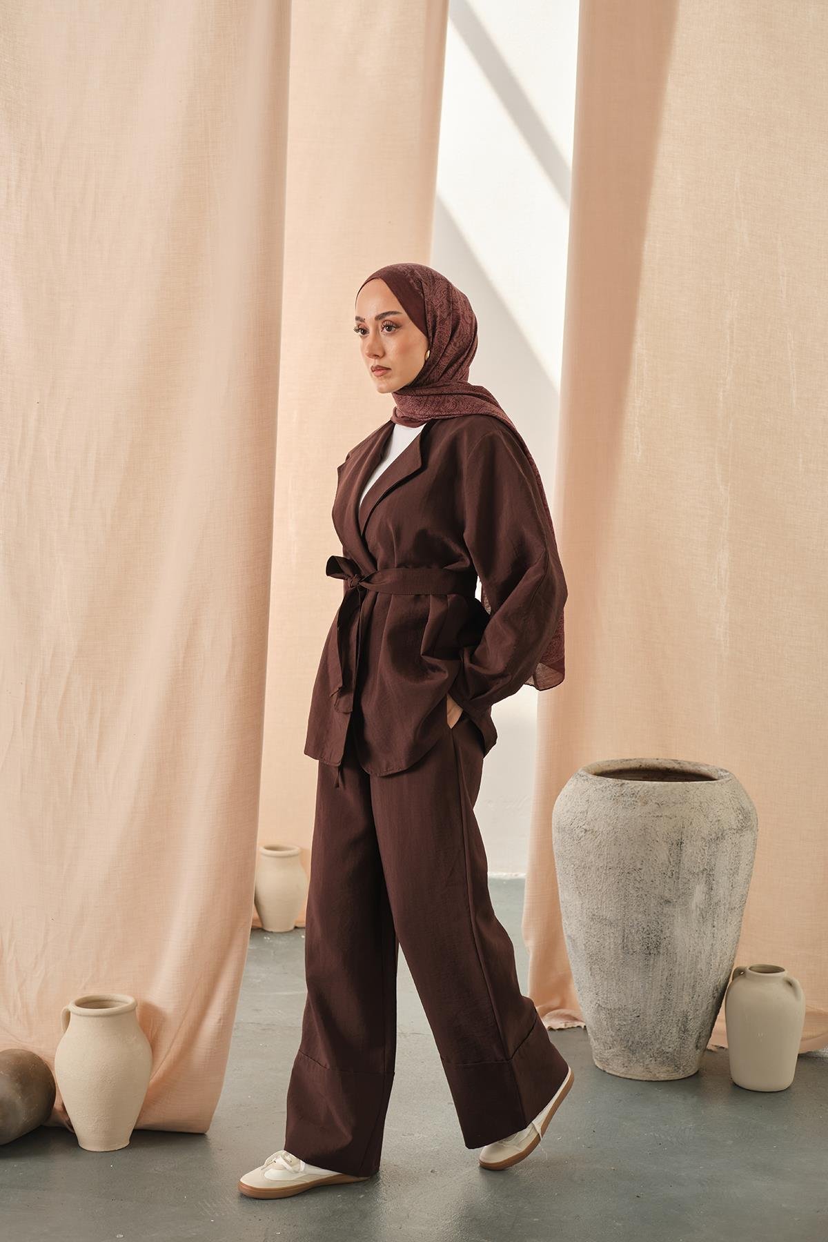 Bel Bağlamalı Kimono Takım Kahverengi