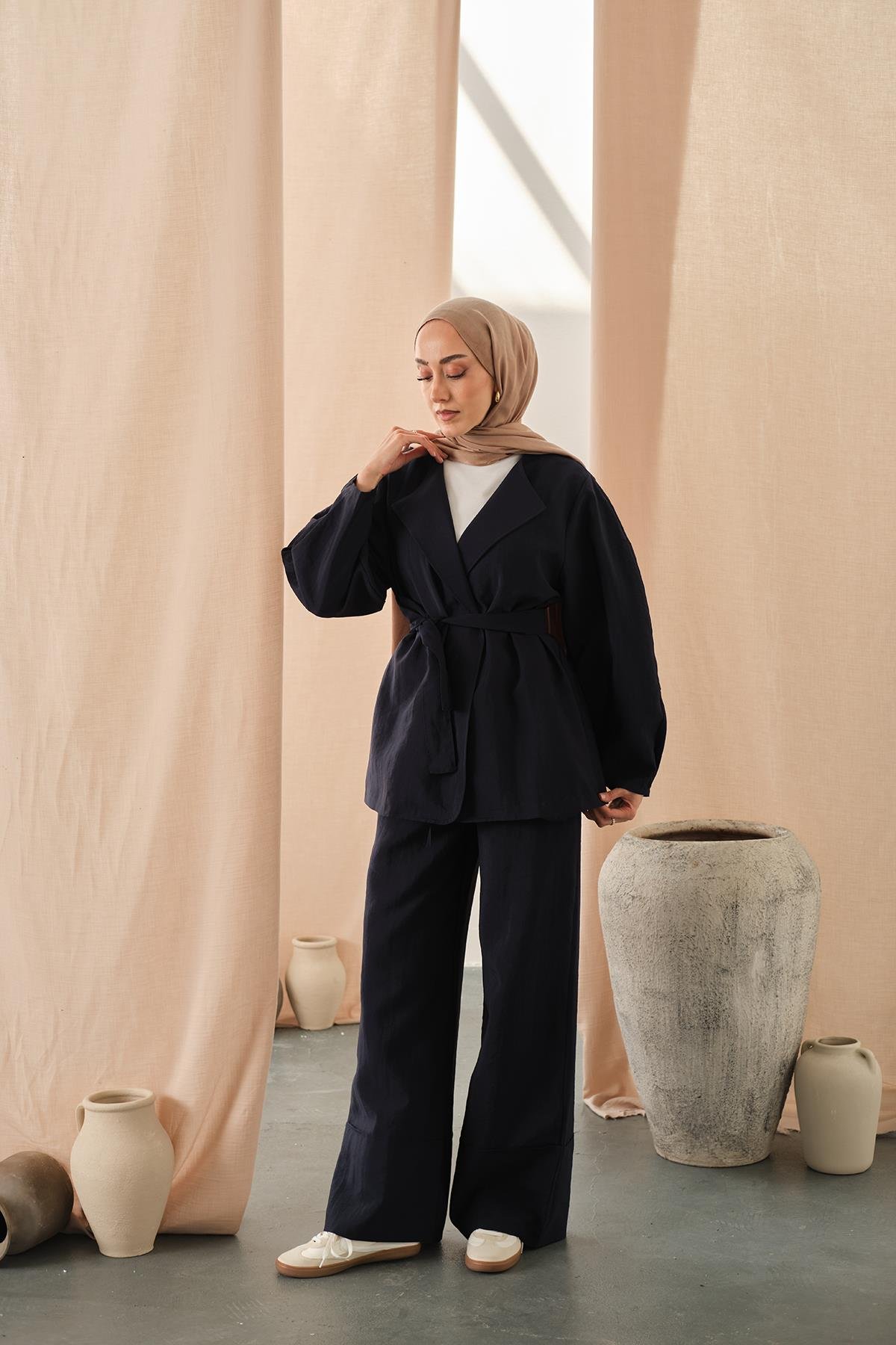 Bel Bağlamalı Kimono Takım Lacivert