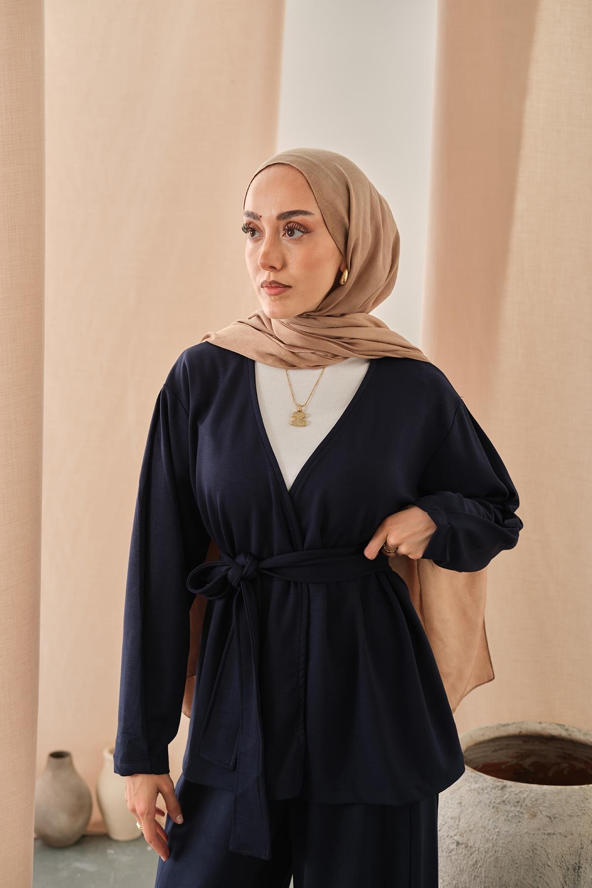 Bel Bağlamalı Kimono Takım Lacivert