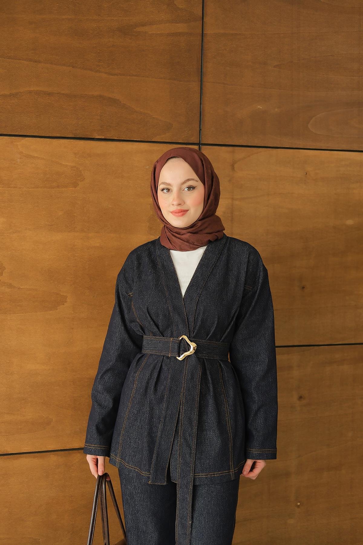 Bel Bağlamalı Kimono Takım Lacivert