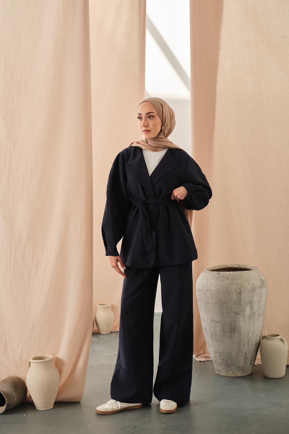 Bel Bağlamalı Kimono Takım Lacivert