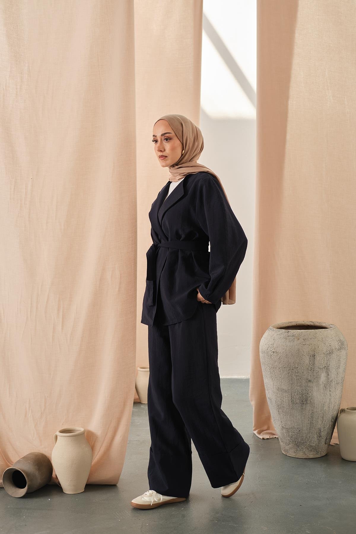 Bel Bağlamalı Kimono Takım Lacivert