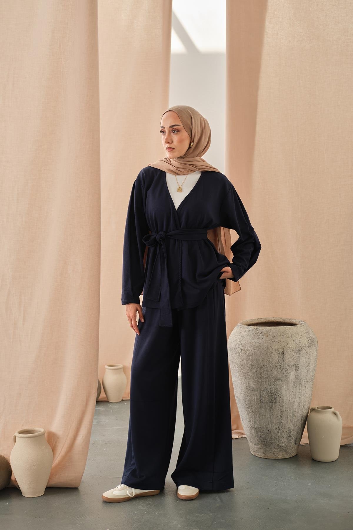 Bel Bağlamalı Kimono Takım Lacivert