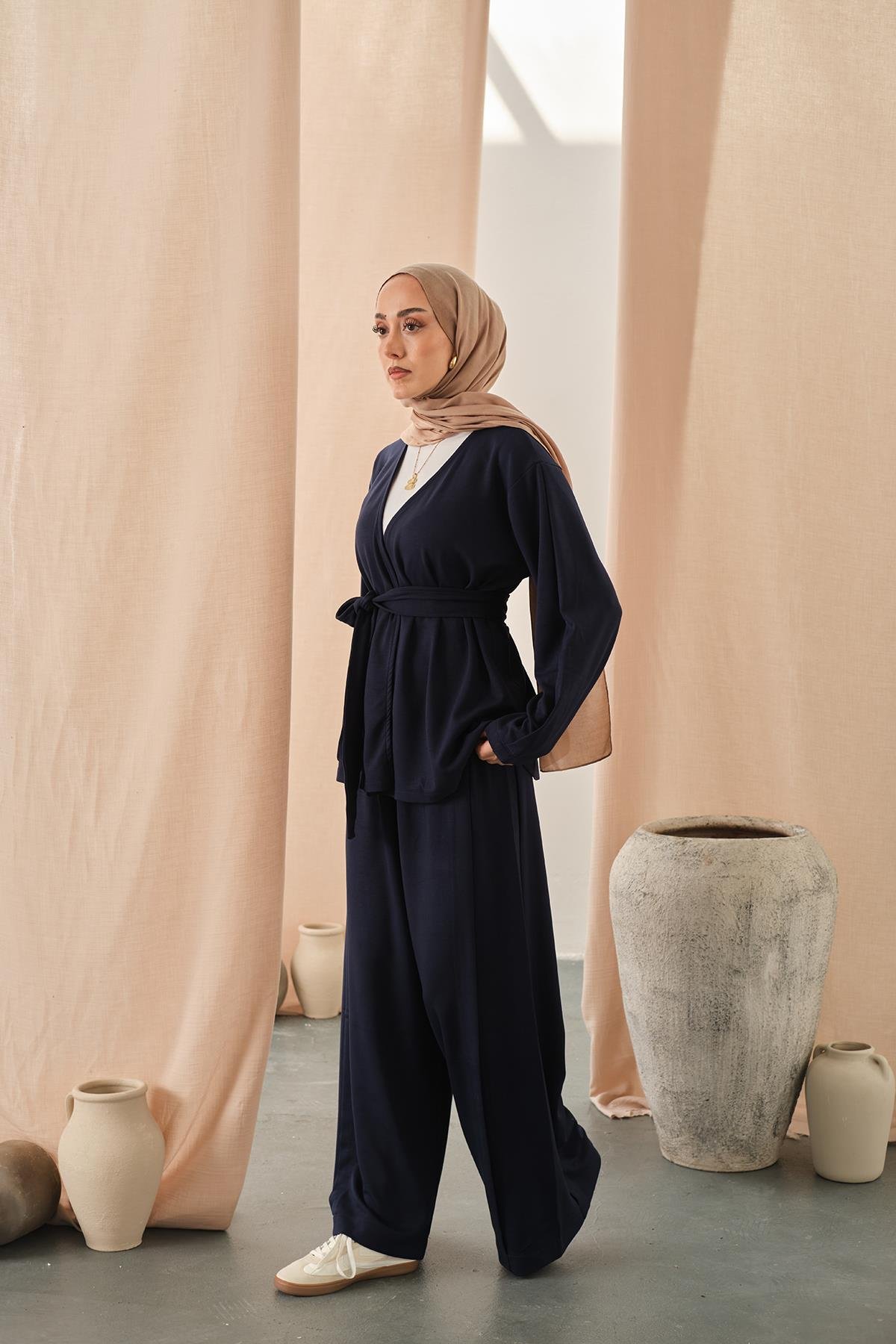 Bel Bağlamalı Kimono Takım Lacivert