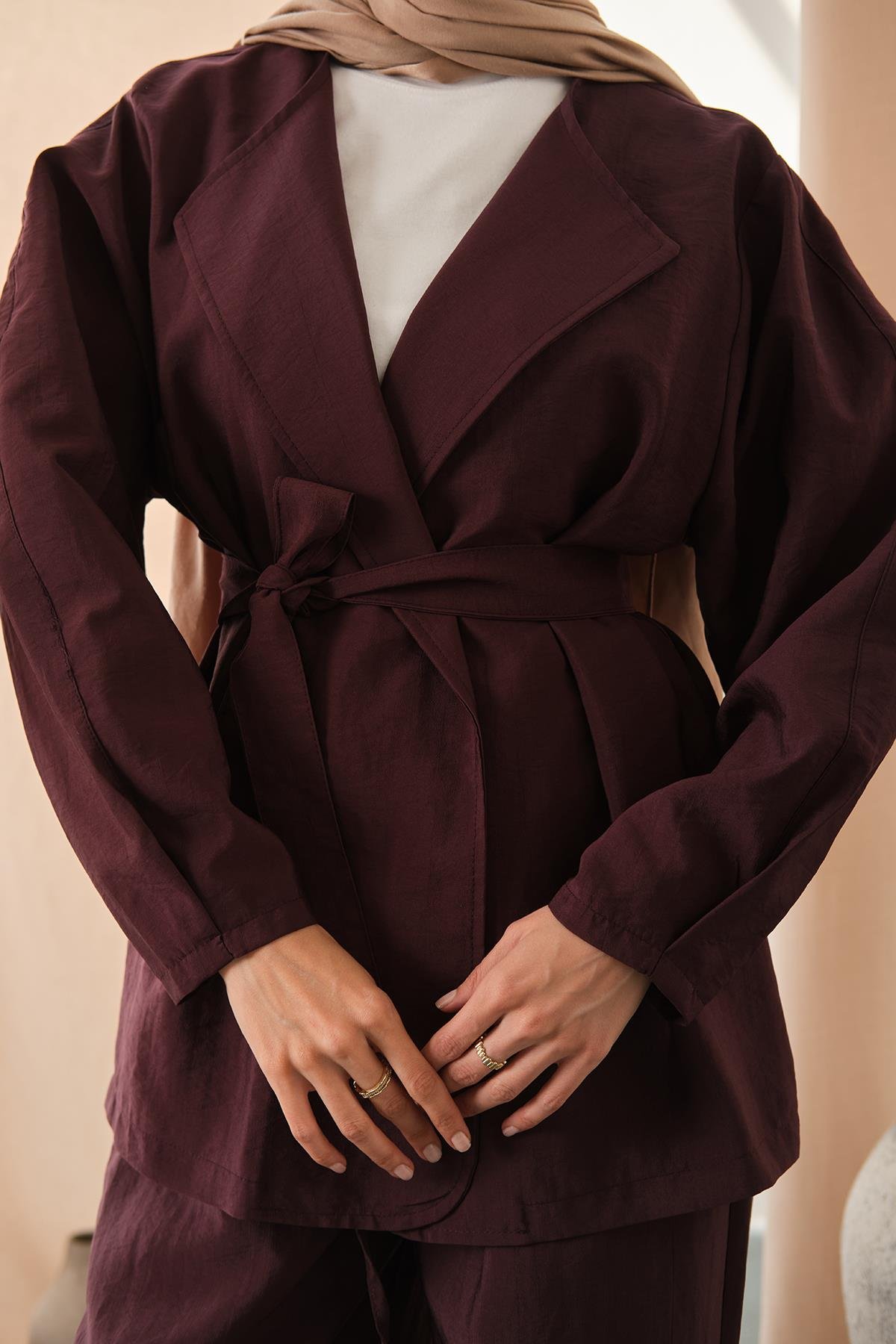 Bel Bağlamalı Kimono Takım Mürdüm