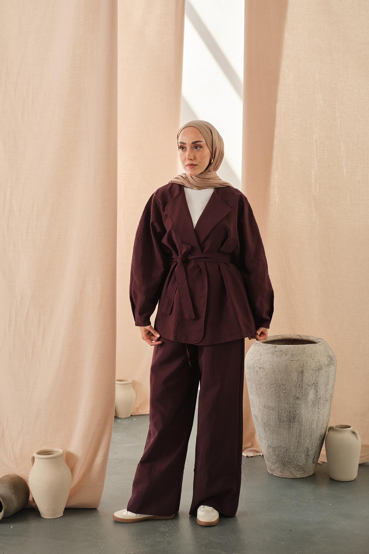 Bel Bağlamalı Kimono Takım Mürdüm