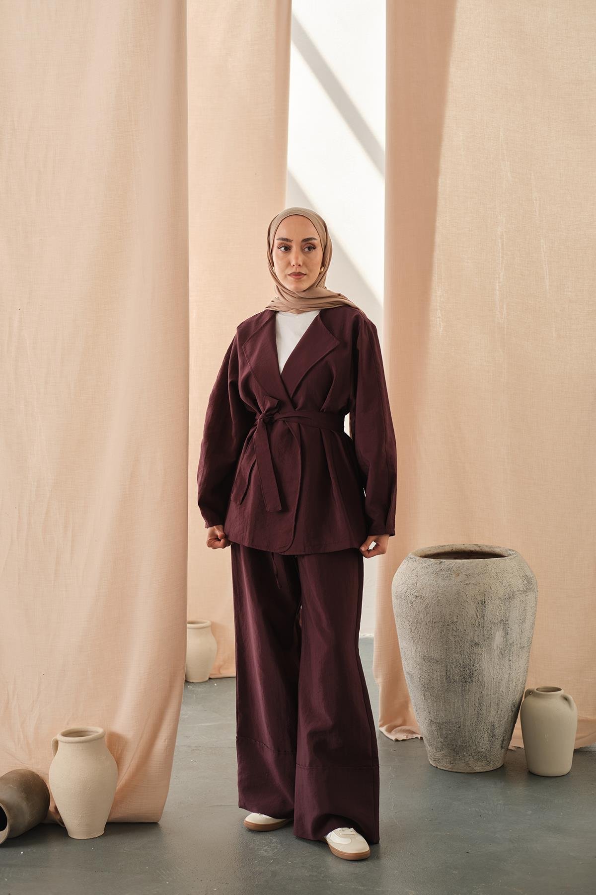 Bel Bağlamalı Kimono Takım Mürdüm