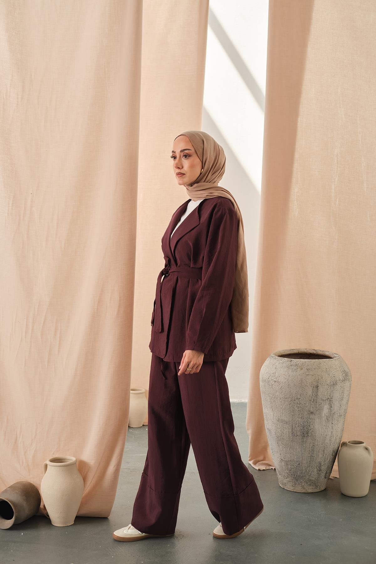 Bel Bağlamalı Kimono Takım Mürdüm